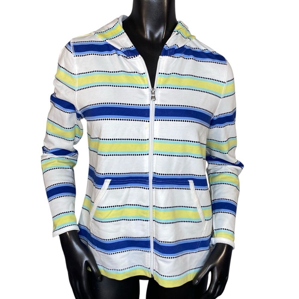 Talbots Petite Cotton Hoodie Full Zip Casual Stripe Pattern Lightweight Size Med